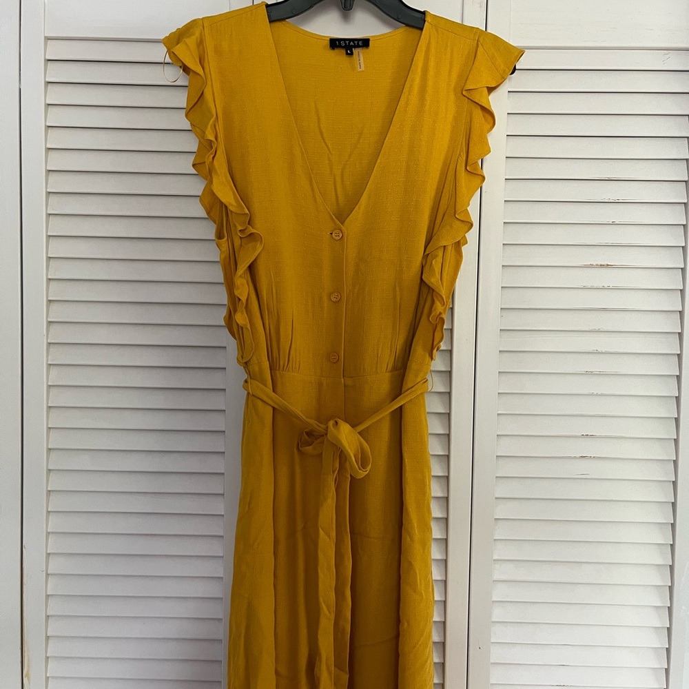 1. State Mustard Yellow Ruffled Tie Front Lined Midi Dress